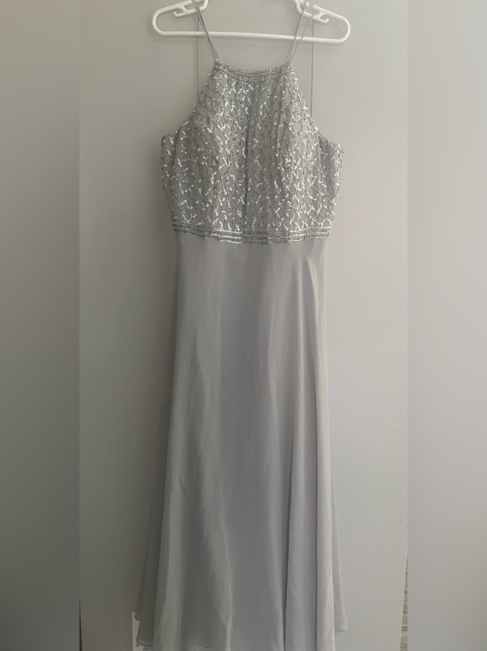 Adrianna Papell Silver Beaded Halter Maxi Dress
